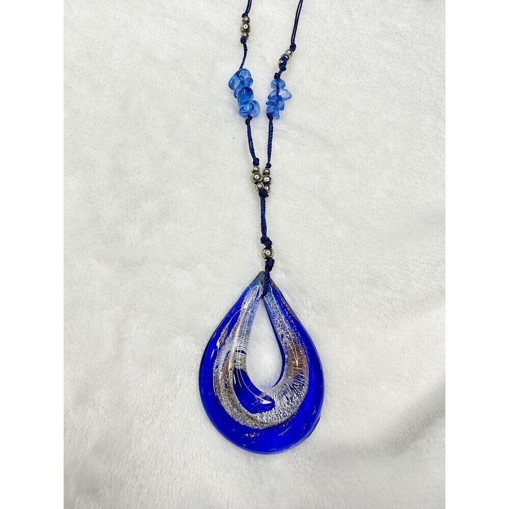 NEW Free People Blue Glass Teardrop Pendant Necklace Cord Silver Beads Metallic - Picture 2 of 5